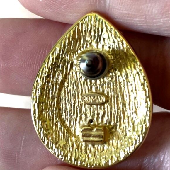 VTG Signed Roman Black Stone Clear Crystal Rhinestone Teardrop Earrings Gold T. - Picture 5 of 8